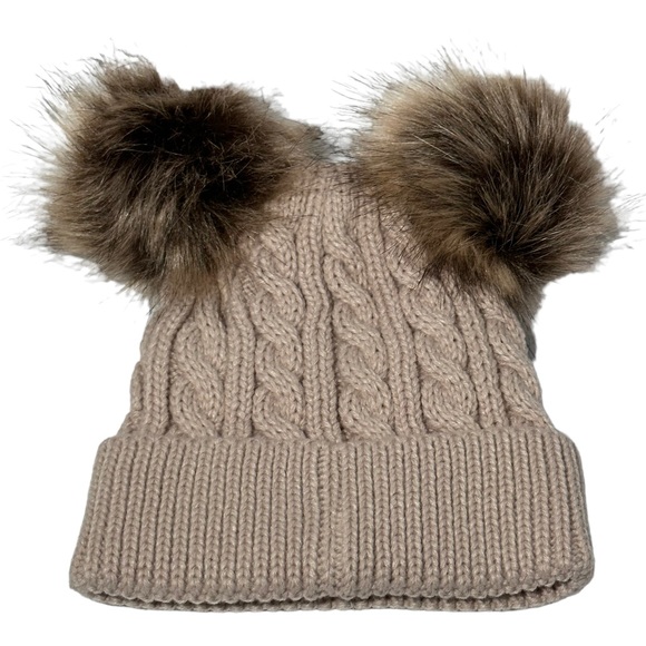 FAS Jeans Beanie OS Taupe Double Pom Cable Knit Wool - Picture 3 of 7